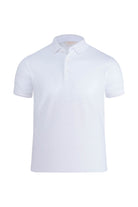 White short-sleeved polo shirt with a subtle textured weave and classic collar.