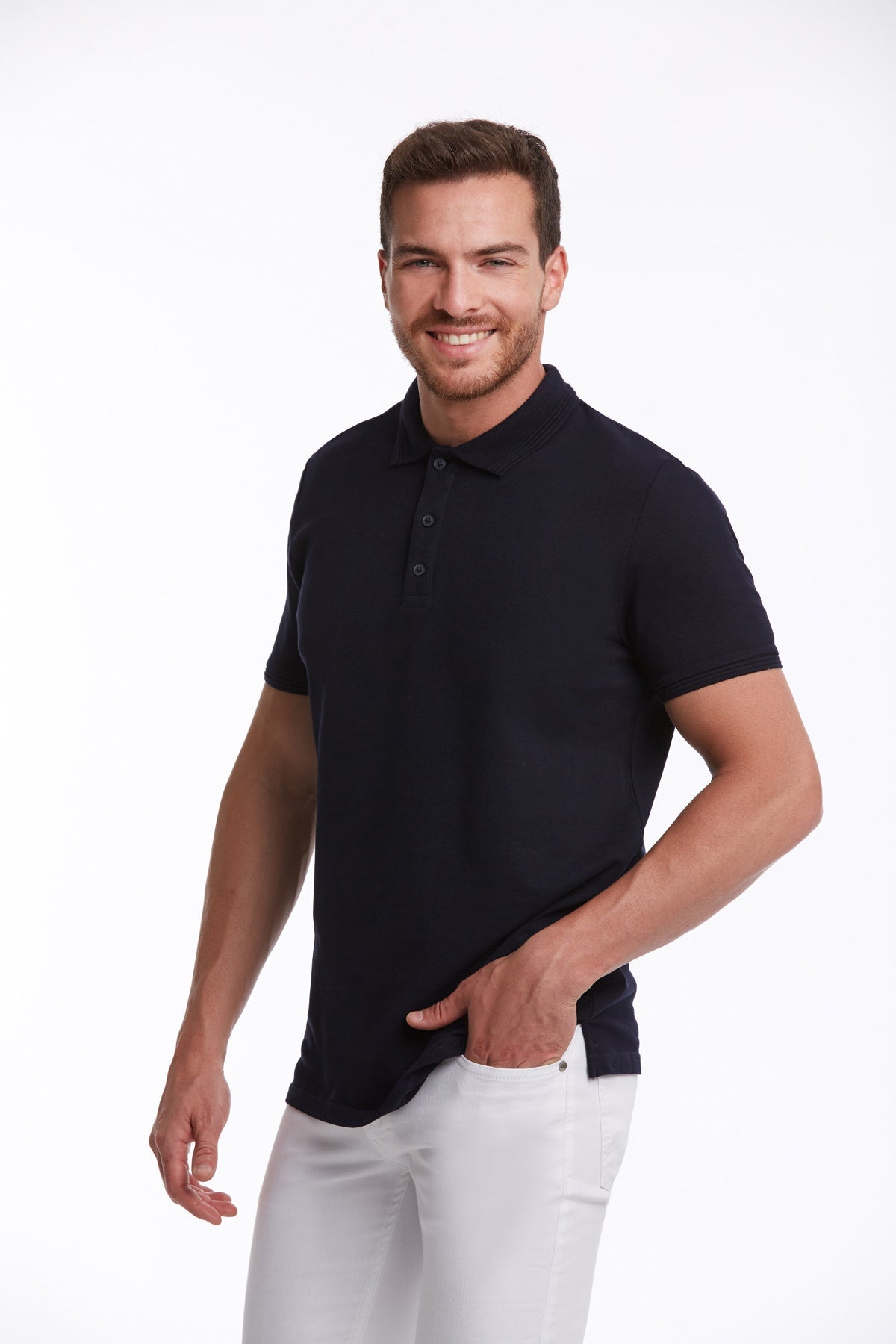 Black short-sleeved polo shirt with a classic collar and button placket.