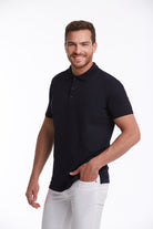 Black short-sleeved polo shirt with a classic collar and button placket.