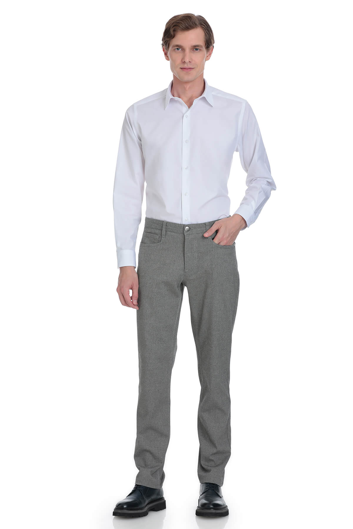 A pair of slim-fit gray trousers with a subtle textured weave and classic five-pocket design.