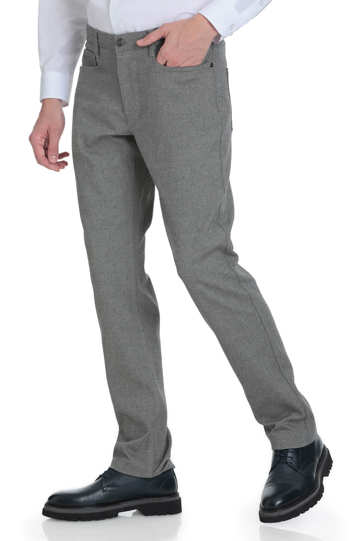 Gray textured men’s dress pants with a slim fit and subtle pattern.