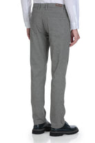 Gray herringbone-patterned men’s dress pants with a tailored fit and belt loops.