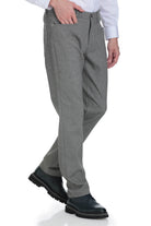 Gray textured trousers with a subtle herringbone pattern, crafted from durable fabric.