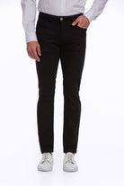 Black slim-fit trousers with a classic five-pocket design and a button closure.