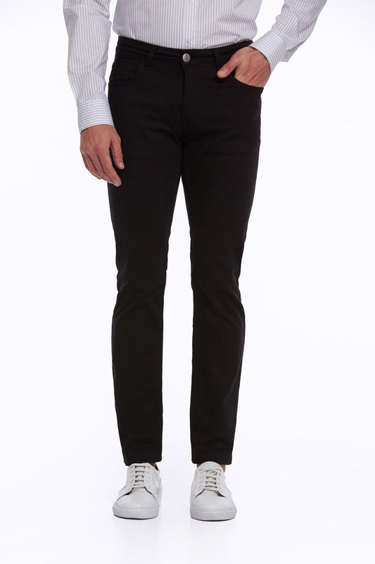 Black slim-fit trousers with a classic five-pocket design and a button closure.
