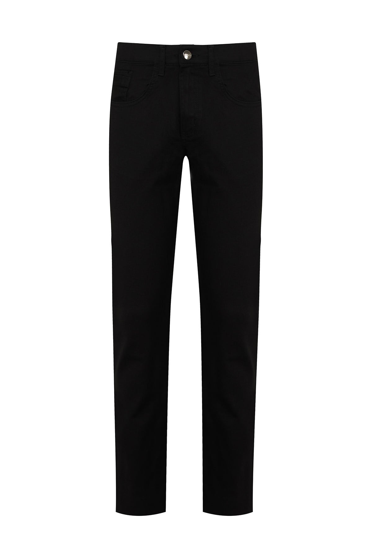 Black slim-fit trousers with a sleek, straight-leg cut and a subtle metallic button at the waistband.