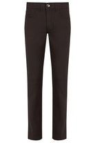 Black slim-fit trousers with a classic five-pocket design and a silver button closure.