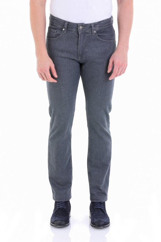 Dark gray denim jeans with a classic five-pocket design and button closure.