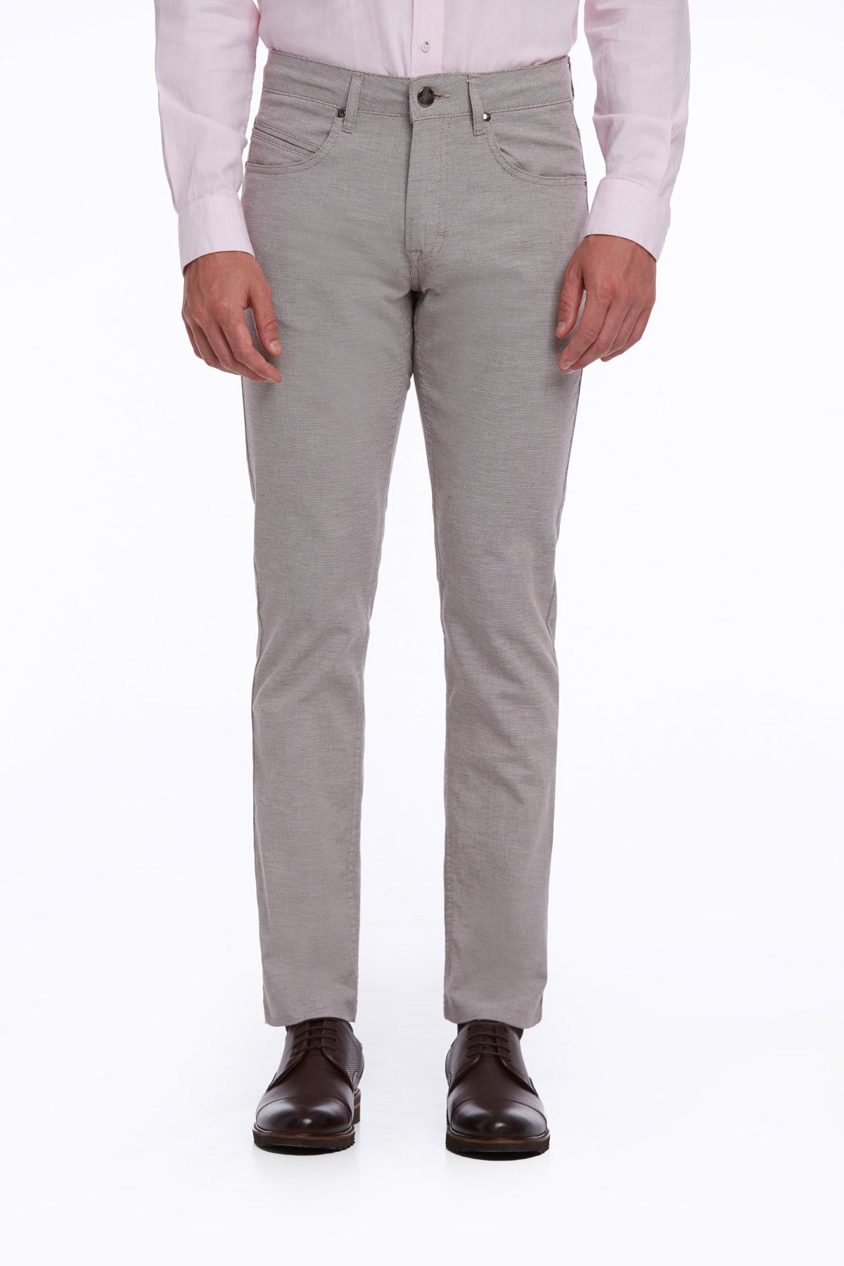 Gray chino trousers with a slim fit and subtle texture.