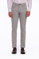 Gray chino trousers with a slim fit and subtle texture.