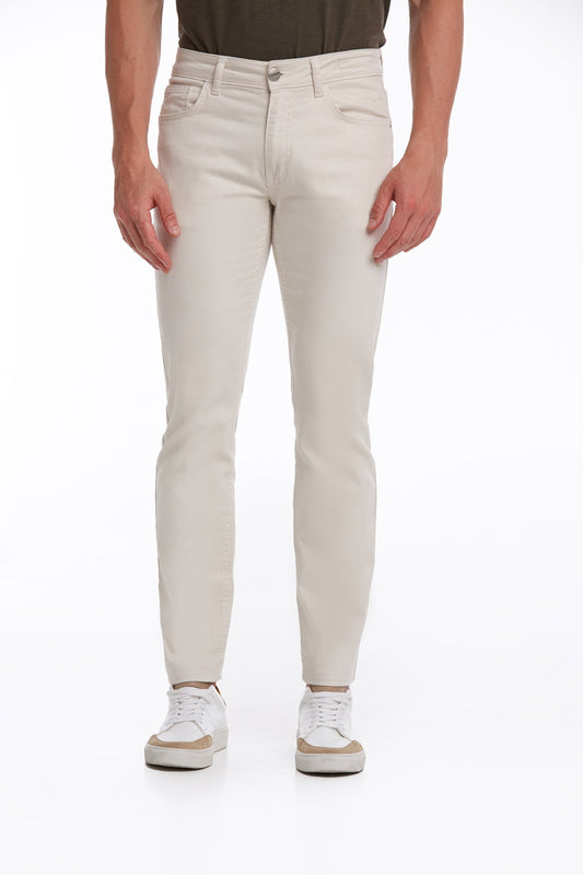 Beige slim-fit jeans with a clean, modern cut and subtle stitching details.