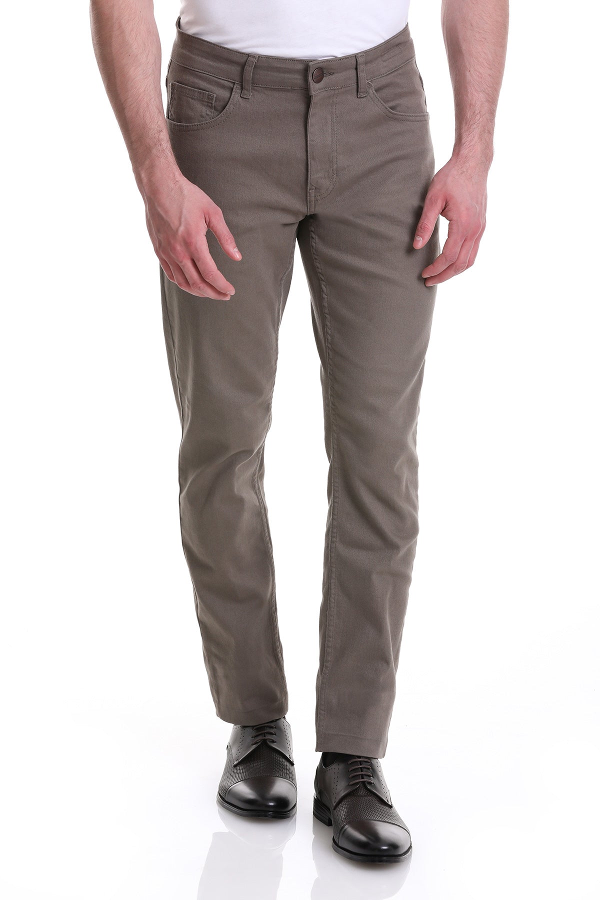 Khaki-colored slim-fit chino pants with a classic five-pocket design.