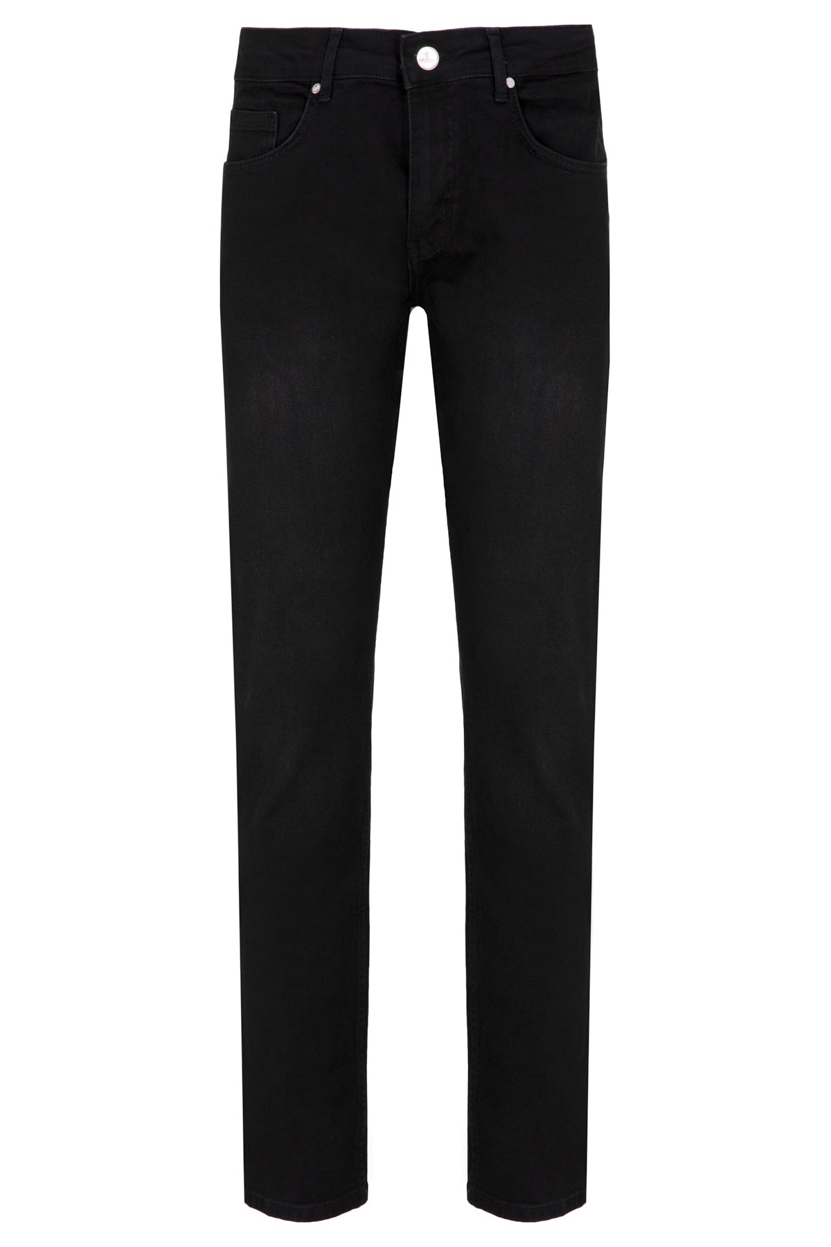 Black denim jeans with a straight-leg cut and white button closure.
