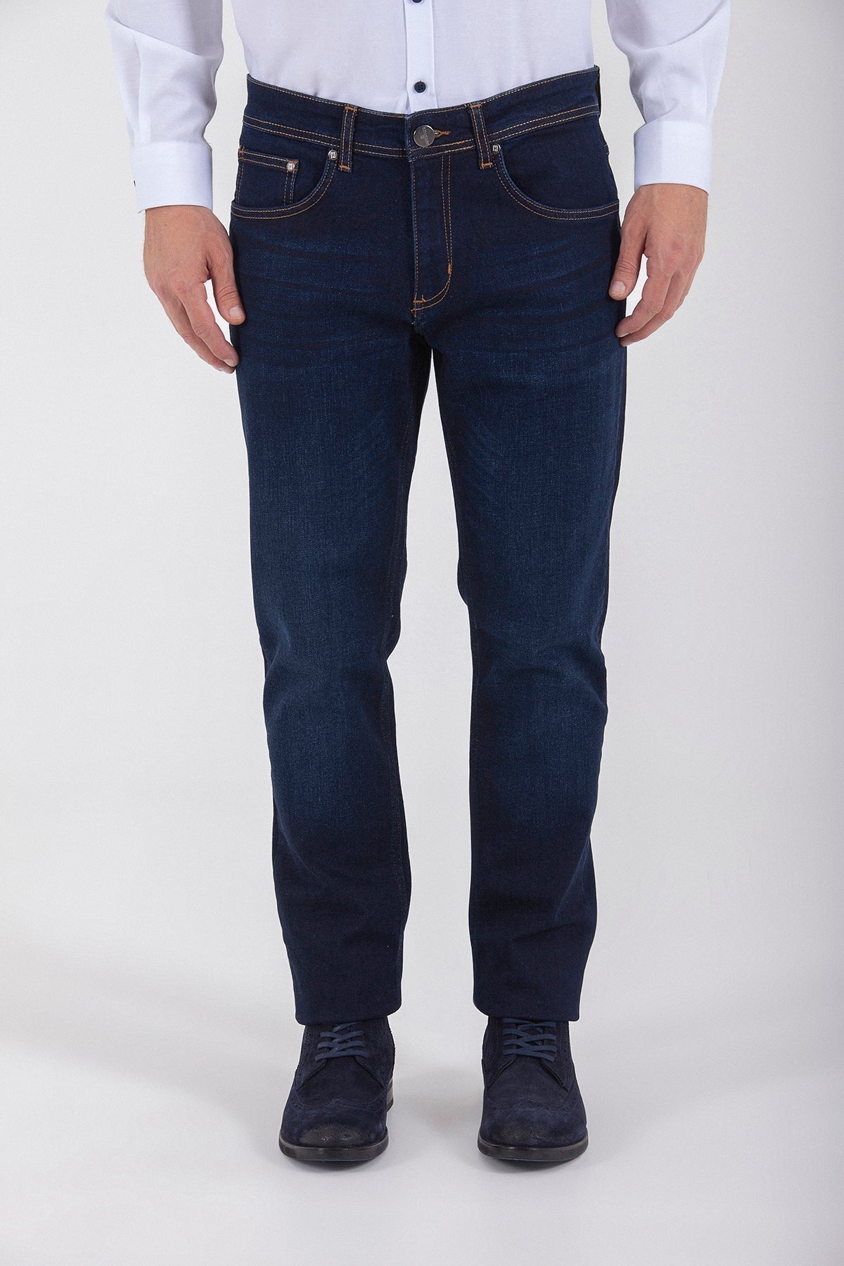 Dark blue denim jeans with classic five-pocket design and contrasting stitching.