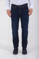 Dark blue denim jeans with classic five-pocket design and contrasting stitching.