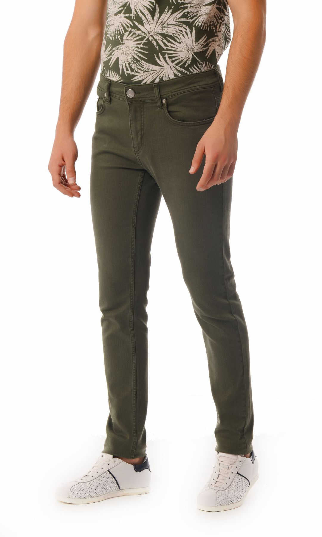 Olive green slim-fit denim jeans