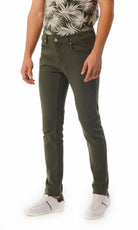 Olive green slim-fit denim jeans