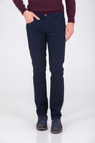 Dark navy blue slim-fit trousers with a classic five-pocket design and subtle stitching details.