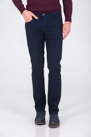 Dark navy blue slim-fit trousers with a classic five-pocket design and subtle stitching details.