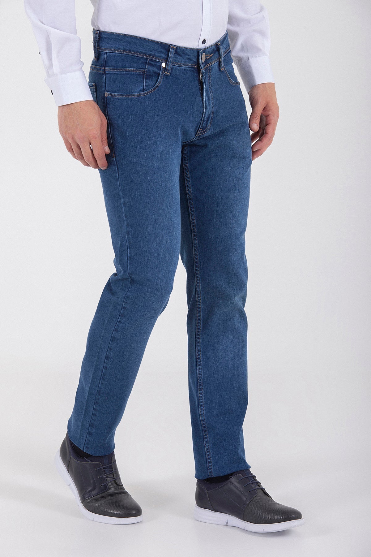 Blue denim jeans with a classic straight-leg cut and visible stitching details.
