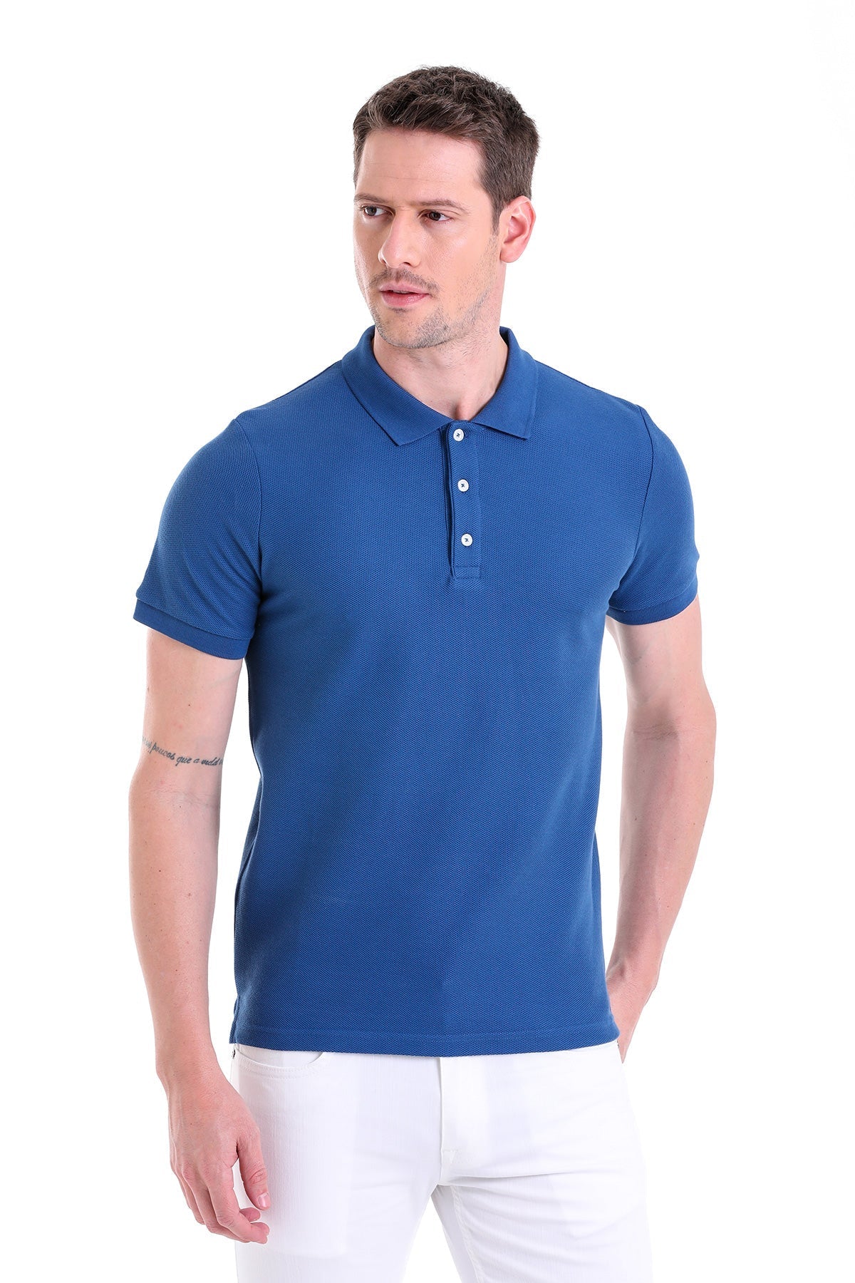 Blue short-sleeved polo shirt with a classic collar and white buttons.