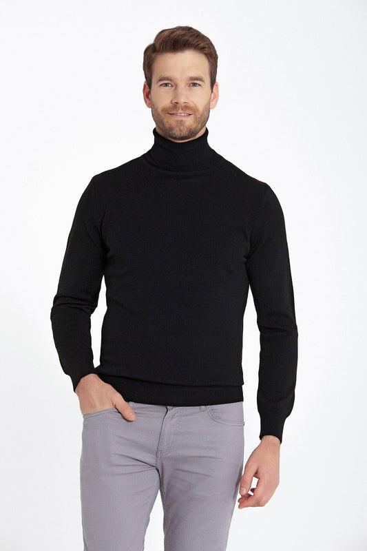 Black turtleneck sweater with a smooth, fitted knit texture.