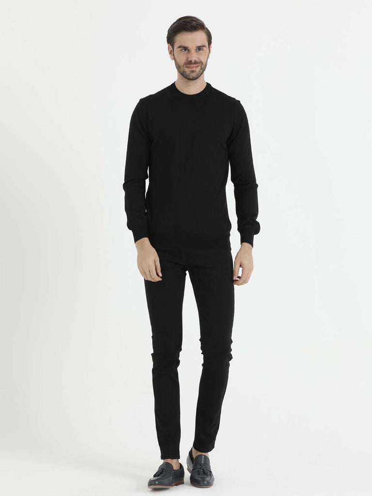 Regular Fit Basic Plain Wool Blend Black Crewneck Sweater