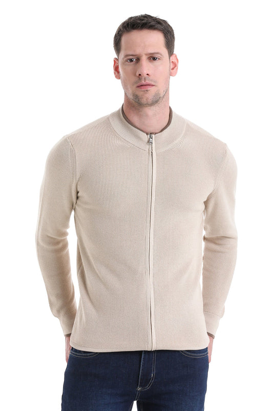 Beige ribbed knit zip-up sweater with a stand collar.