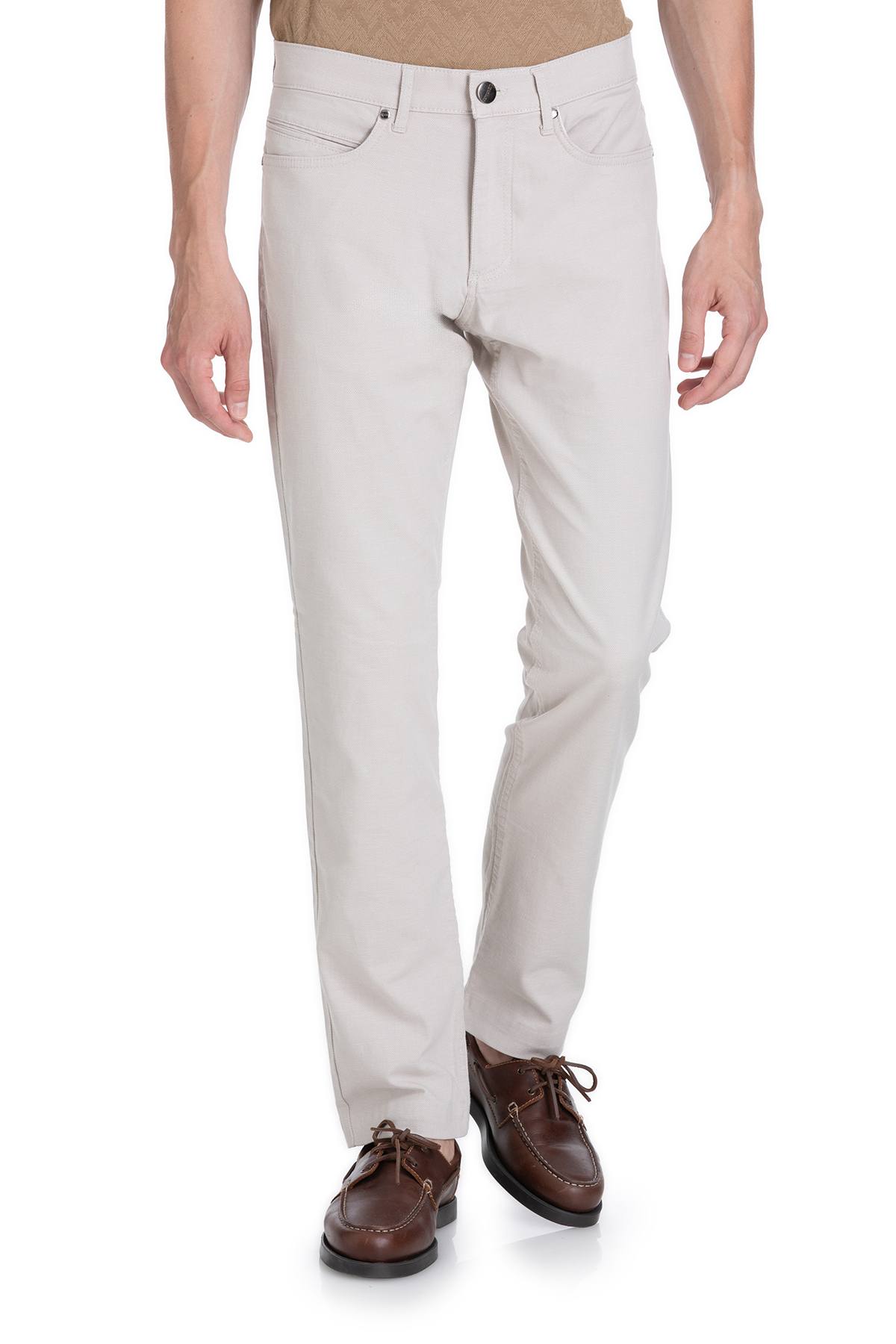 Beige chino trousers with a classic five-pocket design and button closure.