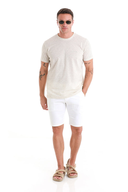 Regular Fit Beige Jacquard Cotton-Linen Blend Crewneck