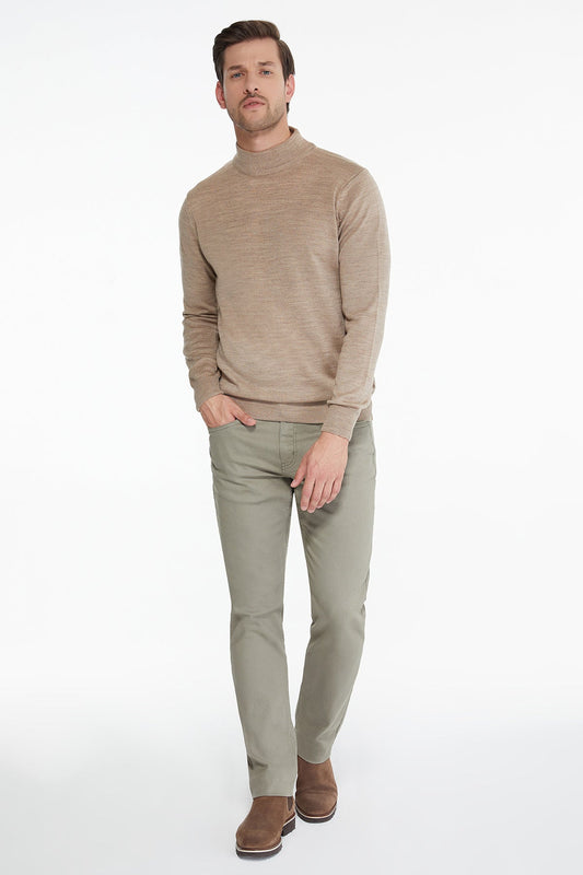 Regular Fit Beige Mock Neck Sweater - SAYKI