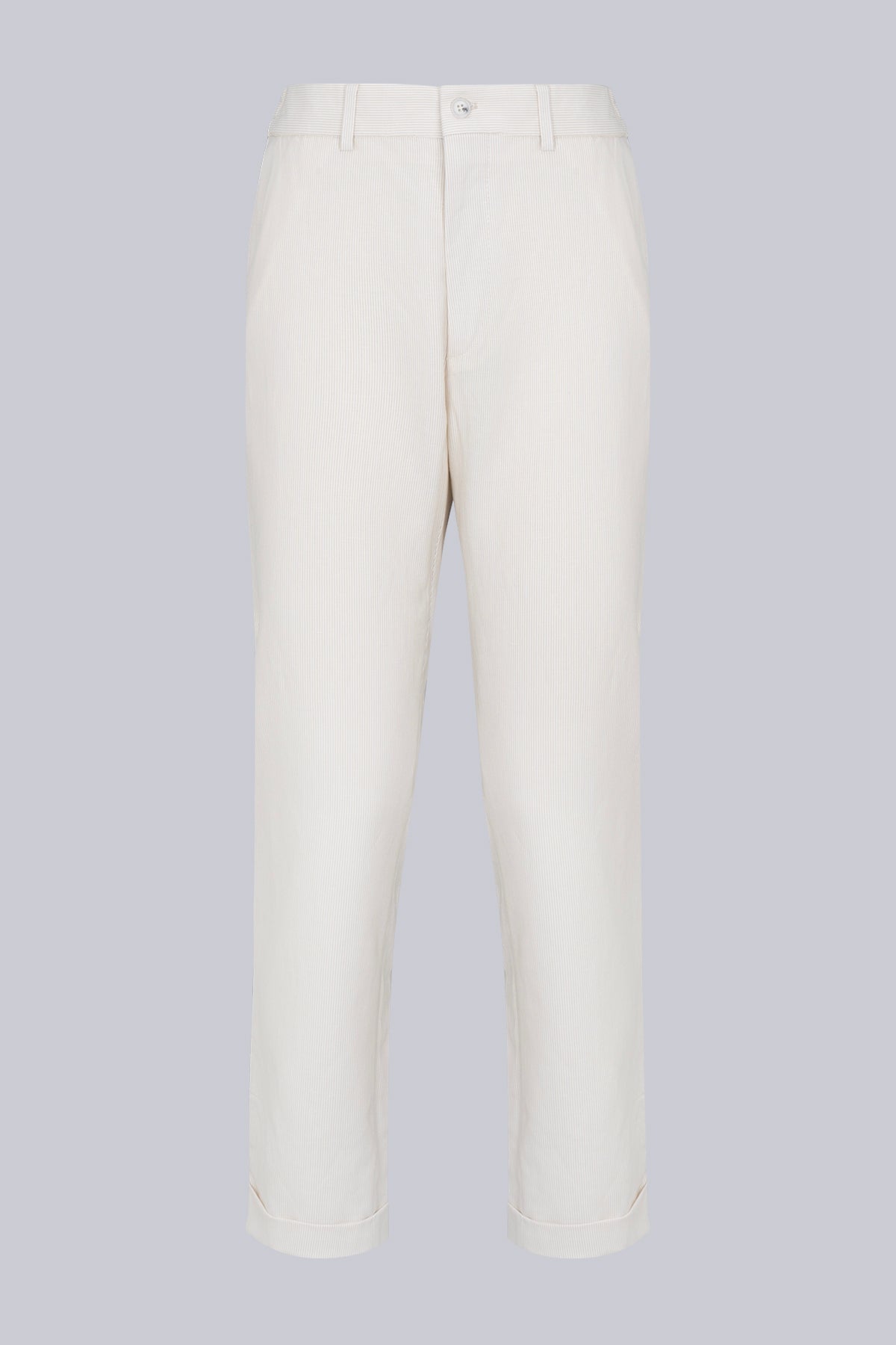 Cream-colored, tailored trousers with a clean, minimalist design and subtle stitching details.