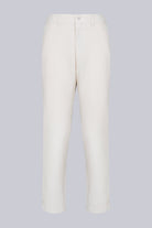 Cream-colored, tailored trousers with a clean, minimalist design and subtle stitching details.