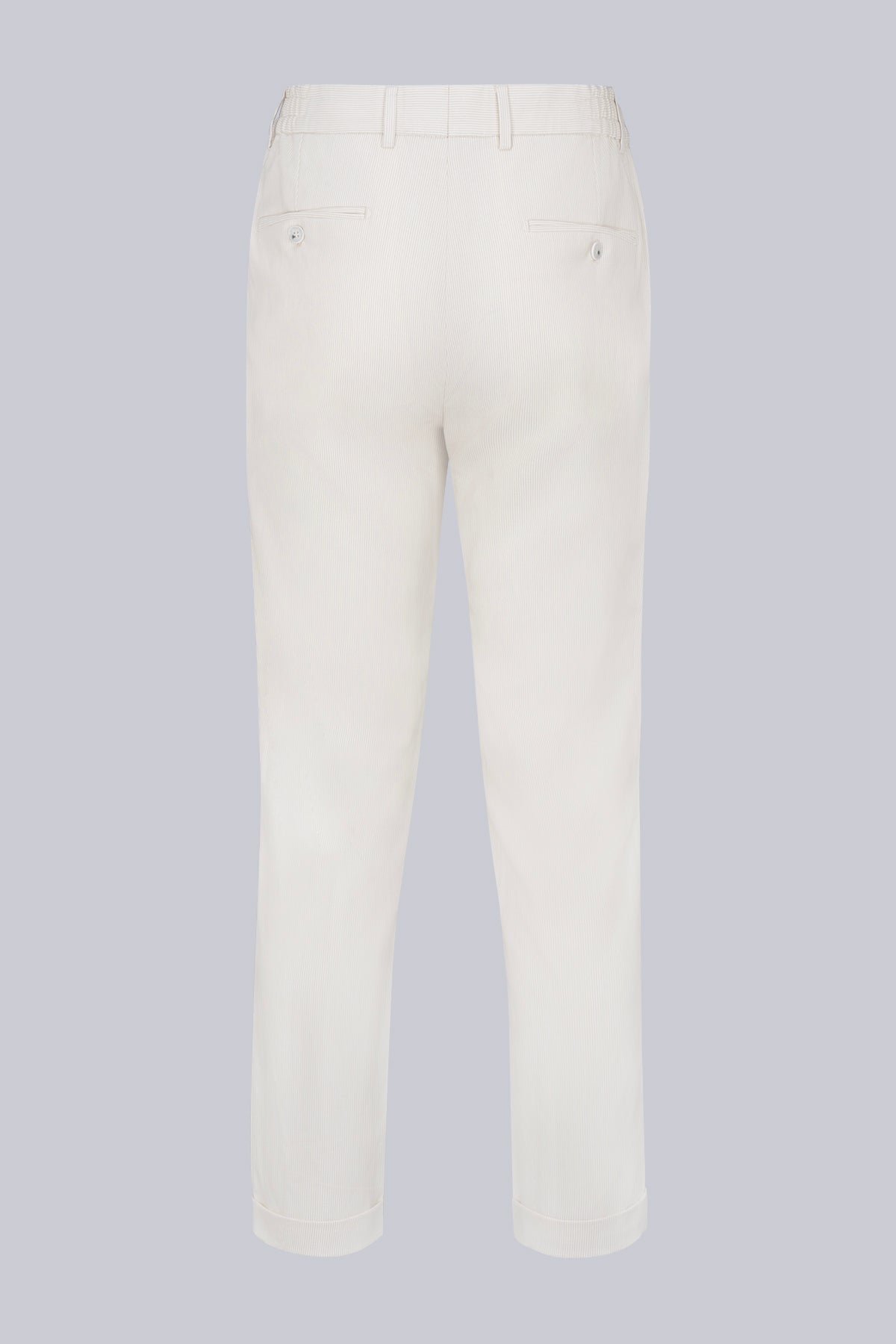Cream-colored tailored trousers with a clean, straight-leg cut and subtle stitching details.
