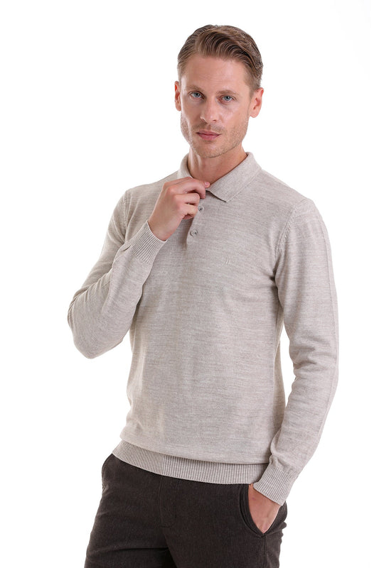 A light gray, long-sleeved knit polo shirt with a subtle heathered texture and ribbed cuffs.