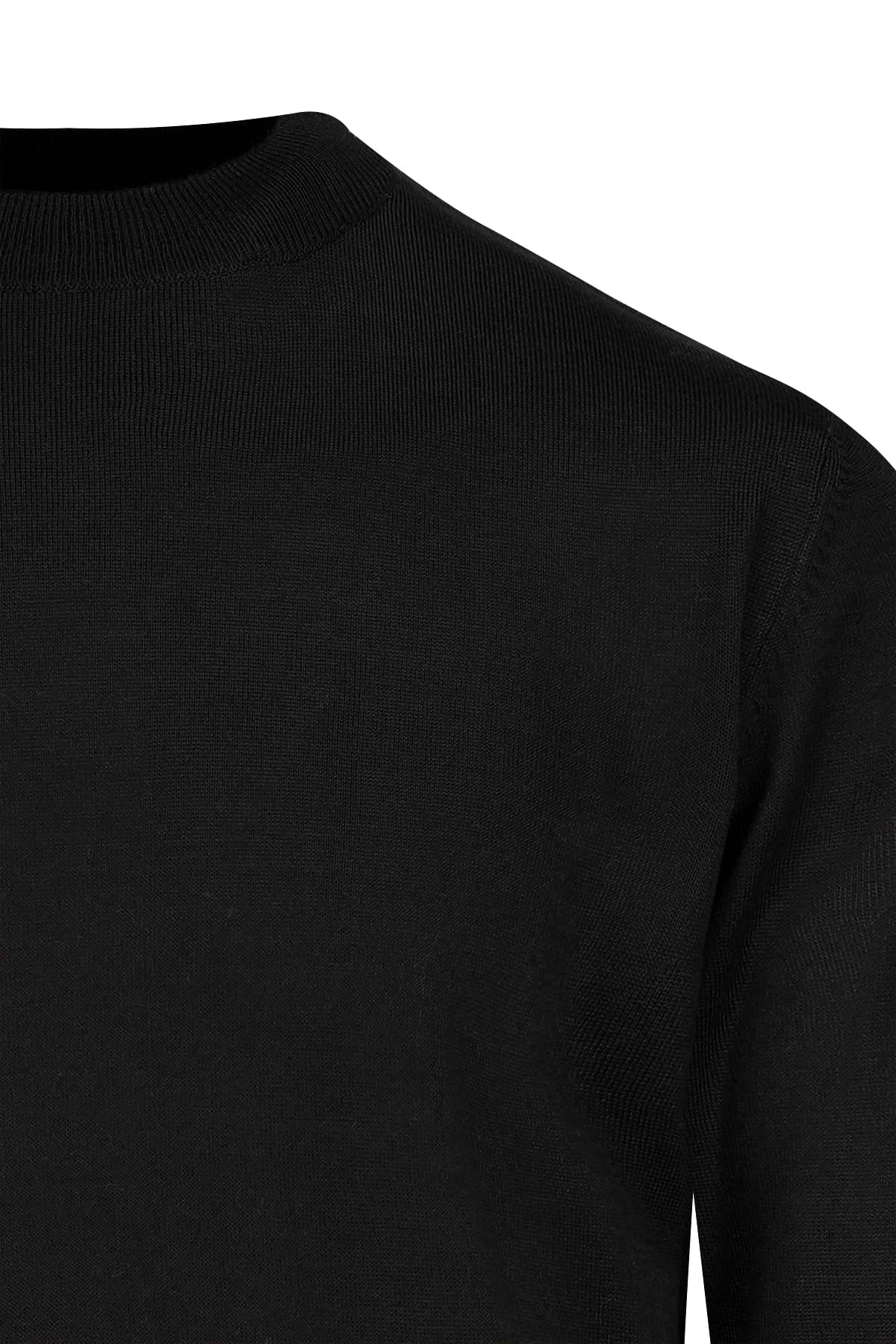 Regular fit black anti-pilling wool blend mock neck sweater with ribbed knit texture for cozy wear
