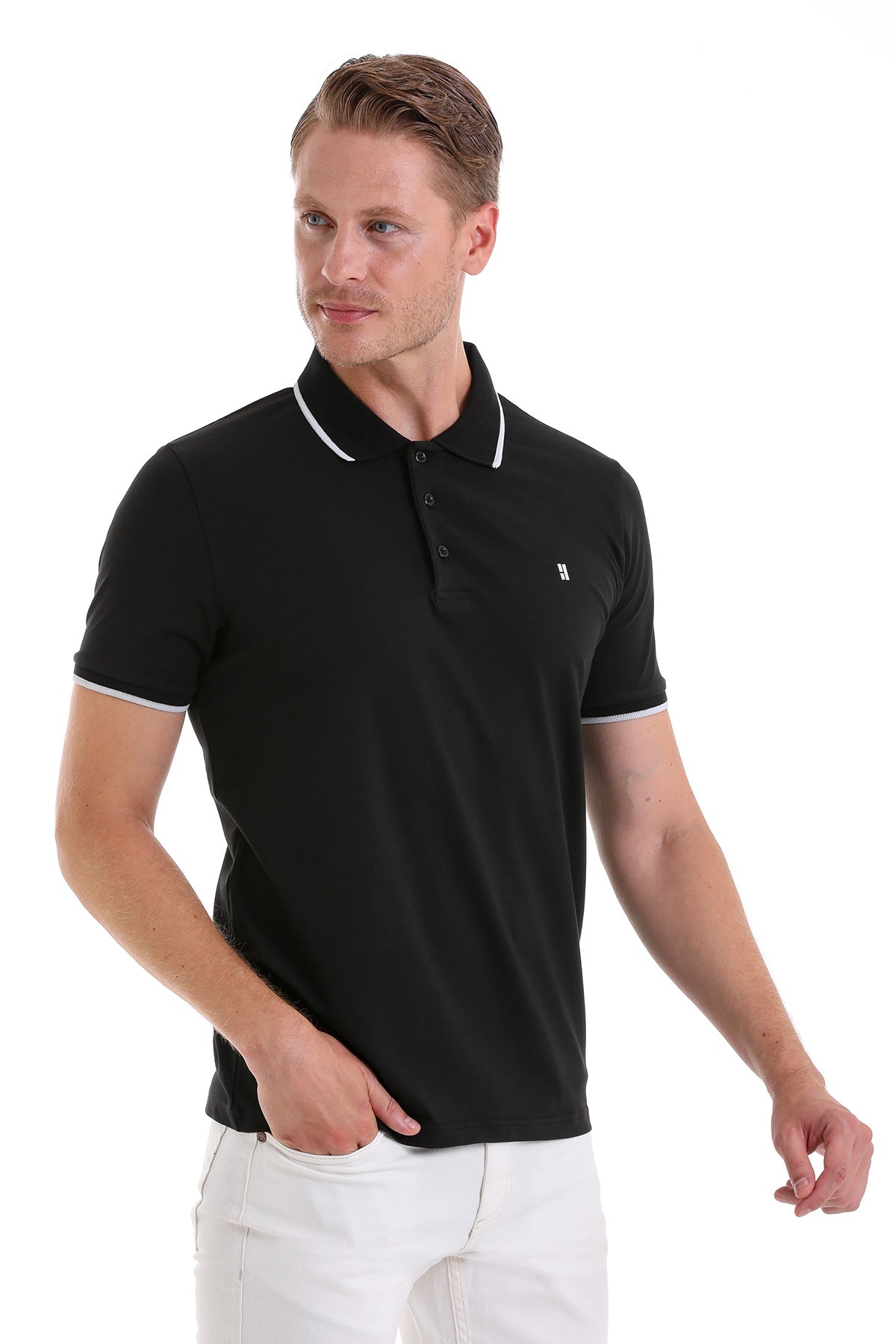 Black short-sleeved polo shirt with white trim on the collar and sleeve cuffs.