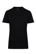 Black short-sleeved crew neck t-shirt with a minimalist design and subtle brand tag at the neckline.