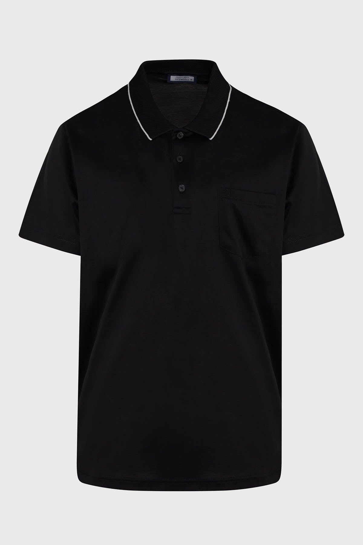 Black short-sleeved polo shirt with white contrast trim along the collar and placket.