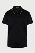 Black short-sleeved polo shirt with white contrast trim along the collar and placket.