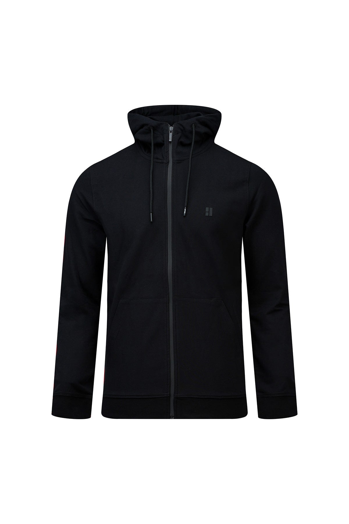 Regular fit black cotton blend full-zip hoodie with subtle chest logo and drawstrings in a fit black style