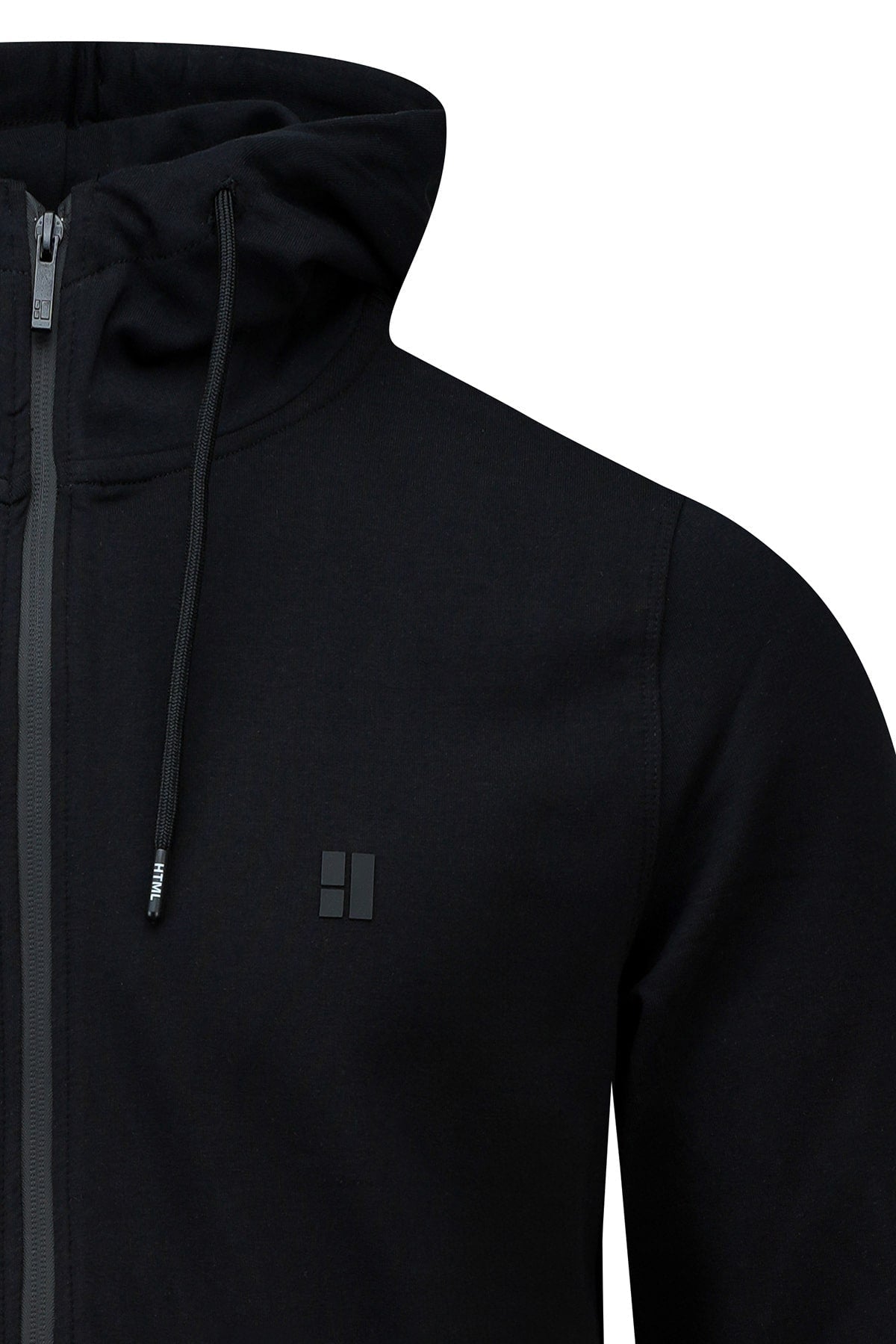 Regular fit black cotton blend full-zip hoodie with hood drawstring zipper and subtle chest logo