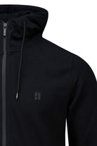 Regular fit black cotton blend full-zip hoodie with hood drawstring zipper and subtle chest logo