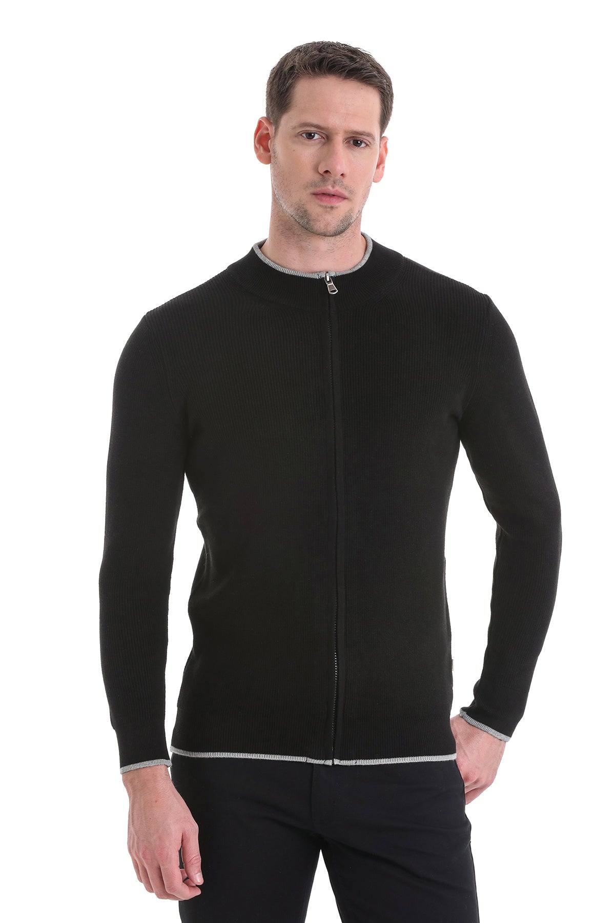 Black zip-up sweater with silver trim along the neckline, waistband, and cuffs.