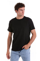 Black short-sleeved crew neck t-shirt.