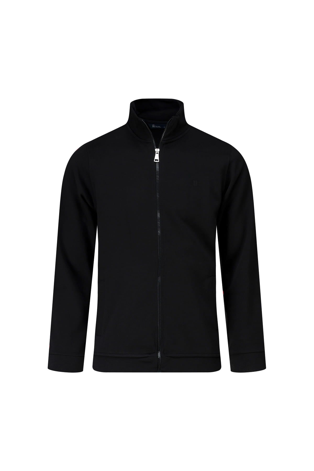 Regular fit black cotton full-zip mock neck cardigan with smooth fabric and sleek minimalist design
