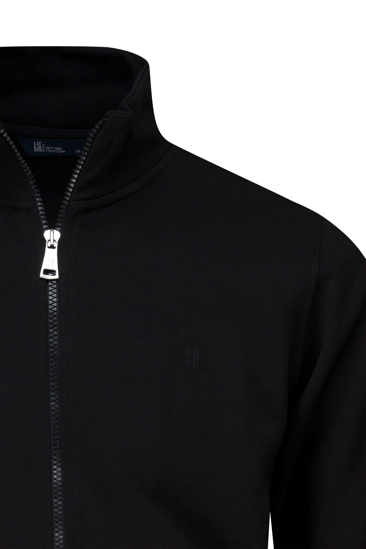Regular fit black cotton full-zip mock neck cardigan with silver zipper pull and ribbed collar front view