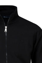 Regular fit black cotton full-zip mock neck cardigan with silver zipper pull and ribbed collar front view