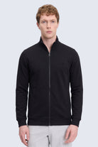 Regular fit black cotton full-zip mock neck cardigan with sleek modern design and ribbed cuffs