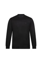 Black crewneck sweatshirt with a subtle embroidered logo on the left chest.